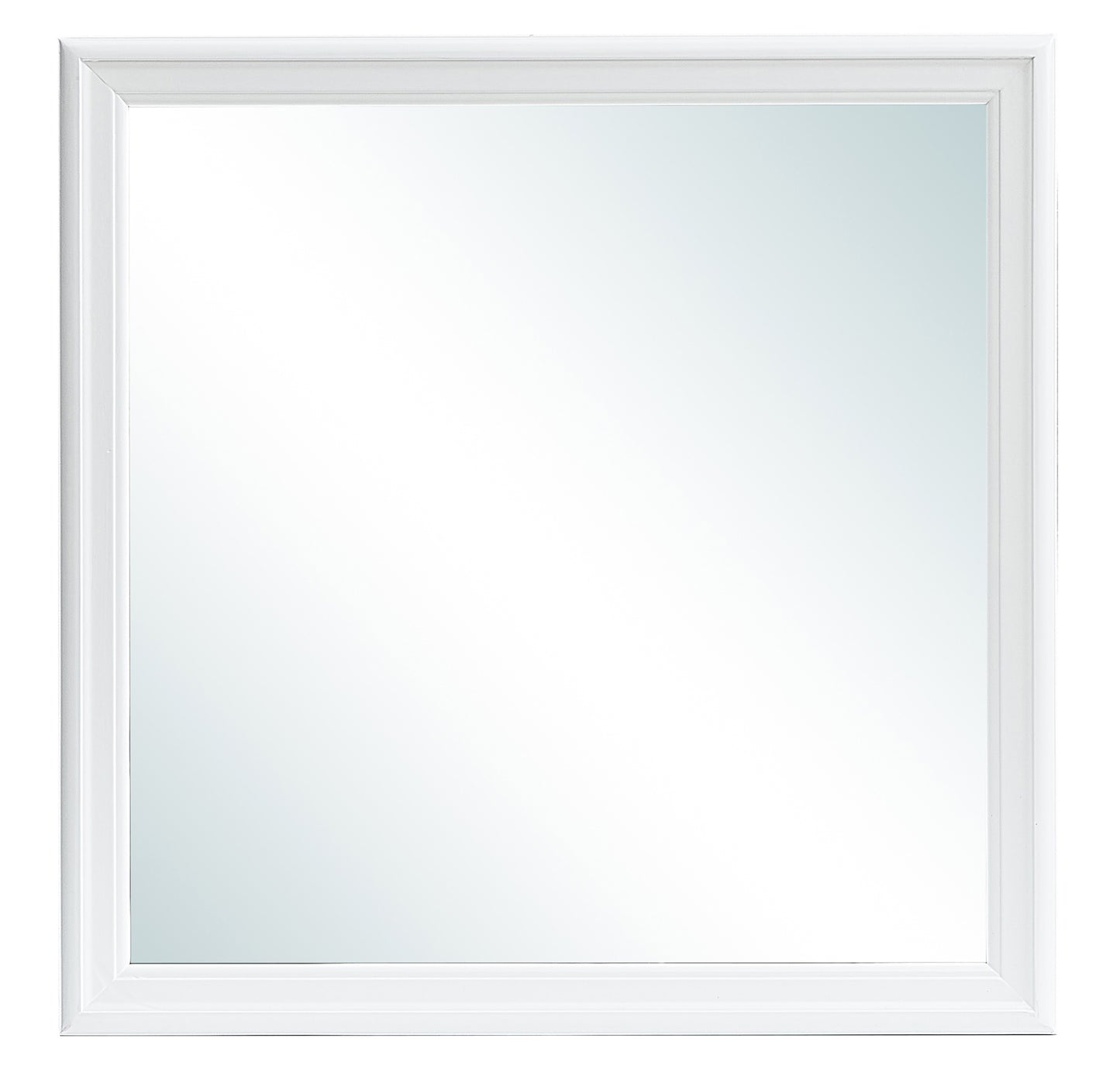Square white framed mirror with modern layered design for entryway accent