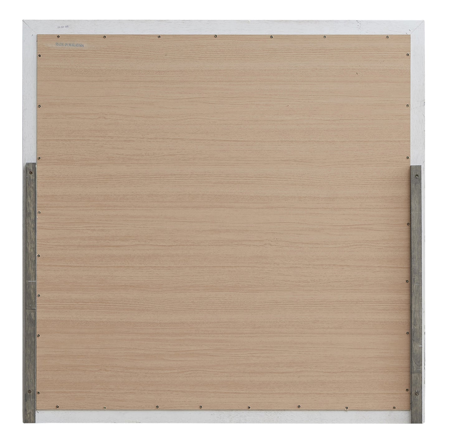 Back of light oak wood panel headboard with white frame