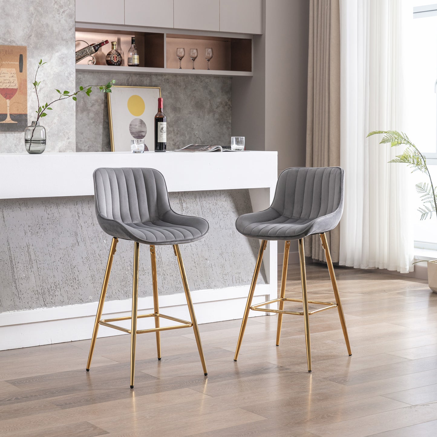 Grey velvet channel tufted bar stool with gold legs