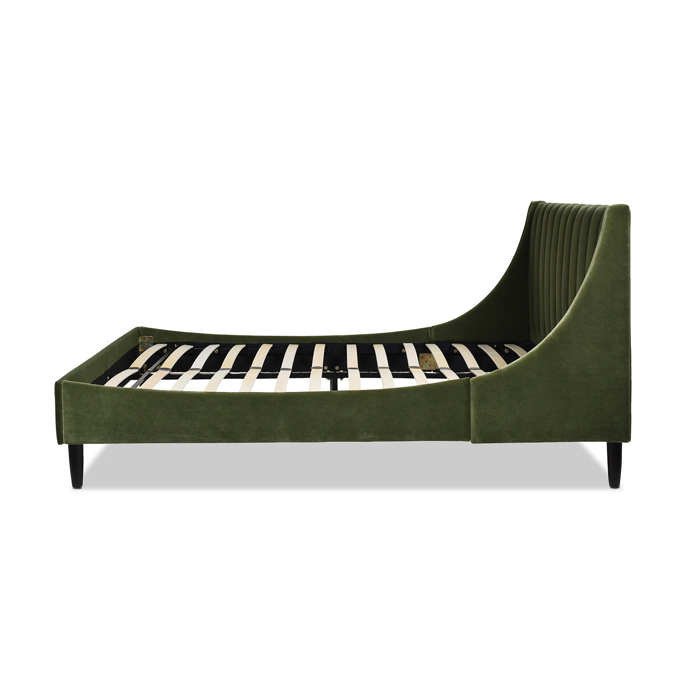 Green velvet platform bed frame with channel tufted headboard and curved accents
