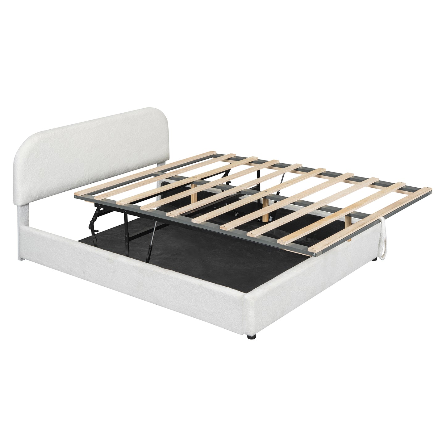 White fabric storage bed frame with lifted mattress support and wooden slats