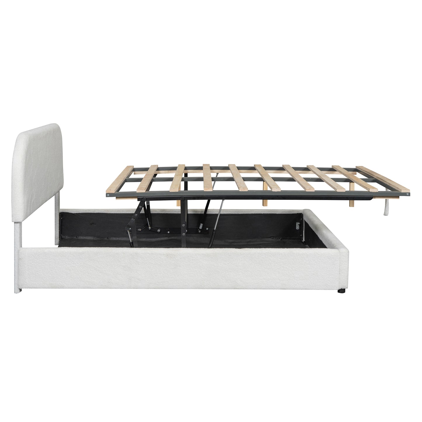 White upholstered bed frame with open storage and liftup mattress support