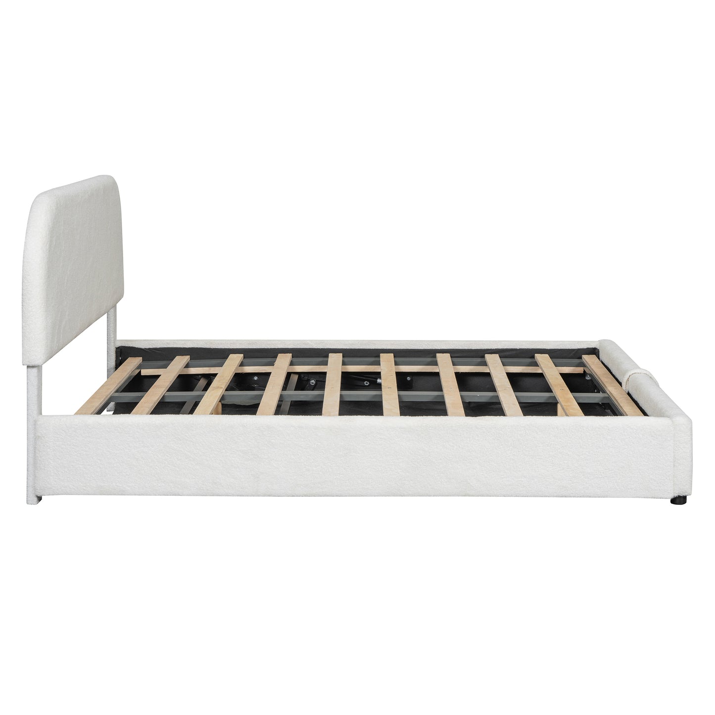 White boucle fabric bed frame with curved headboard and wooden slats