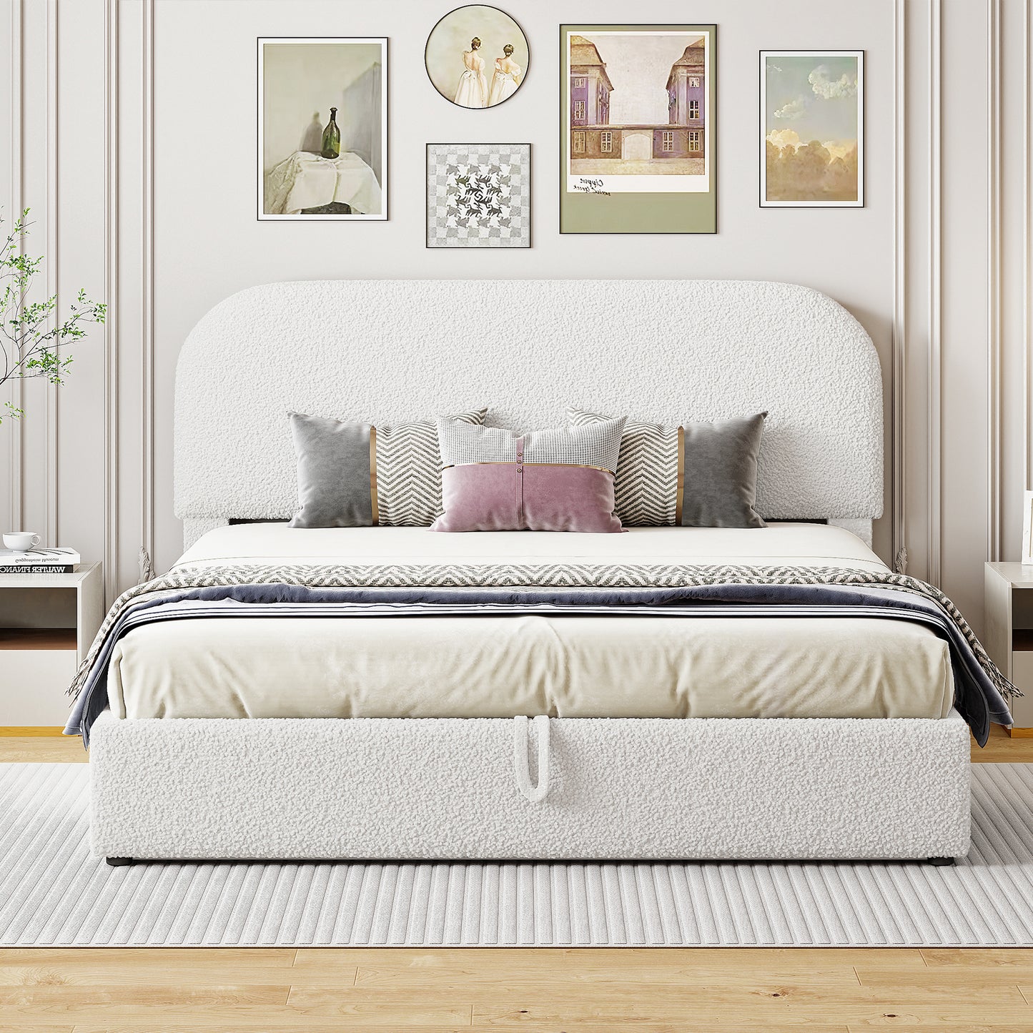 Cozy white teddy fabric upholstered platform bed with storage queen size