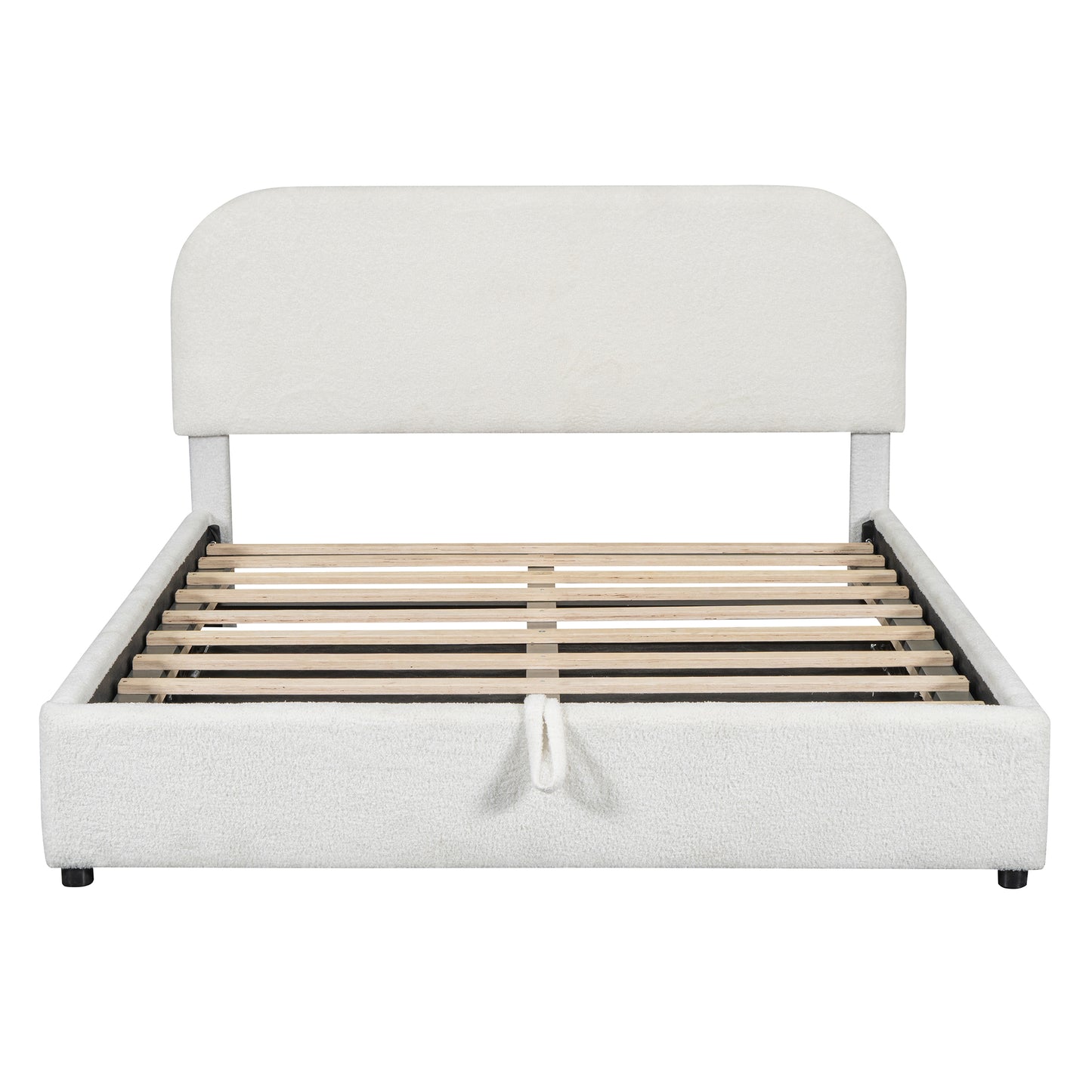 White boucle fabric bed frame with arched headboard and wooden slats