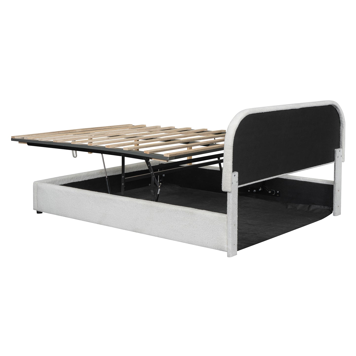 White fabric bed frame with liftup ottoman storage and wooden slats