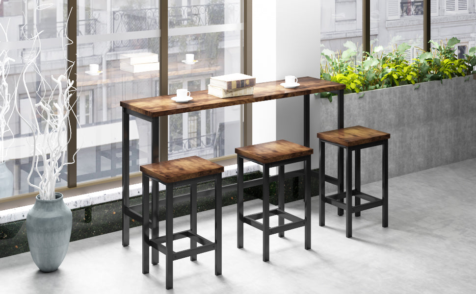 Rustic wood and black metal bar stool with footrest
