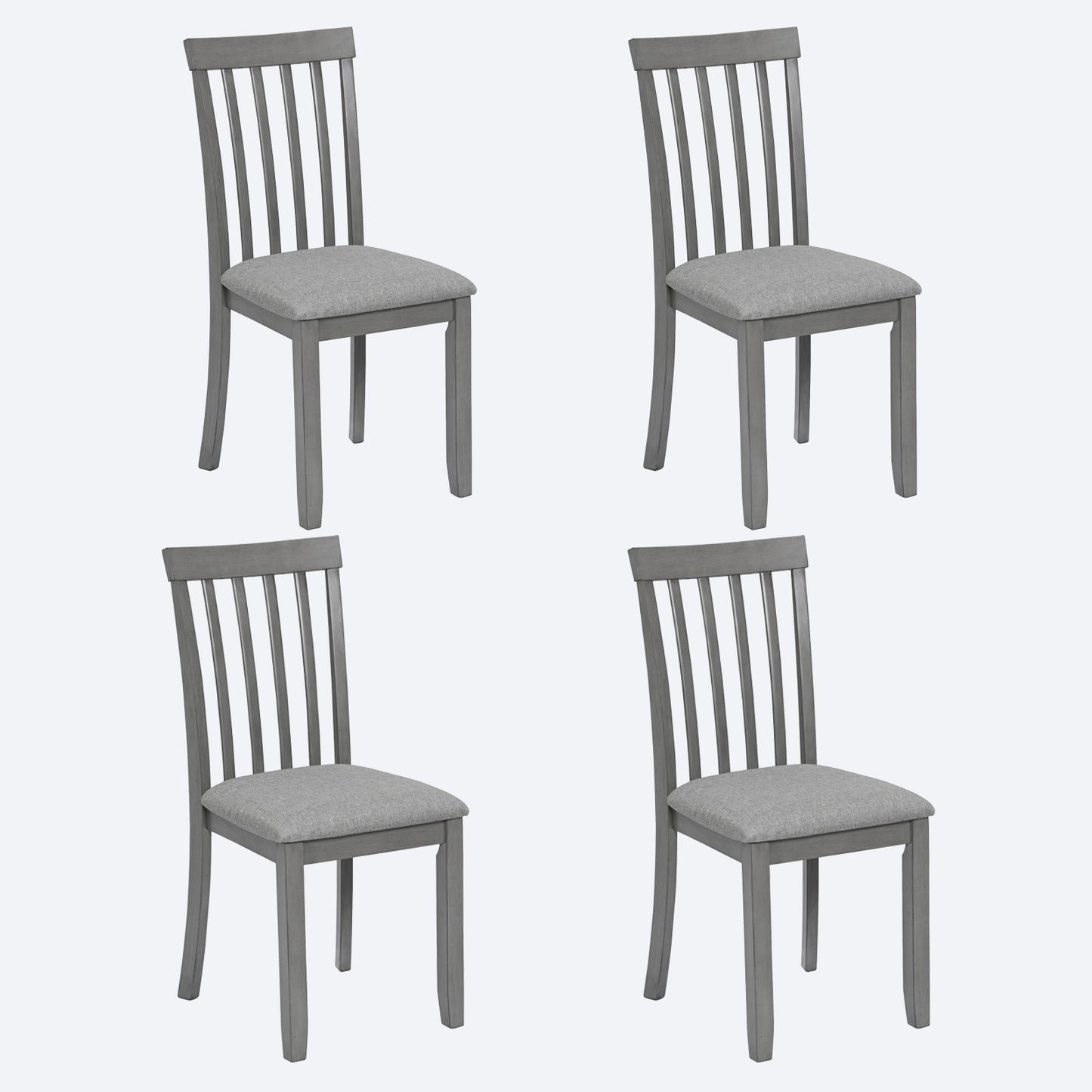 Four gray wooden dining chairs with upholstered seats