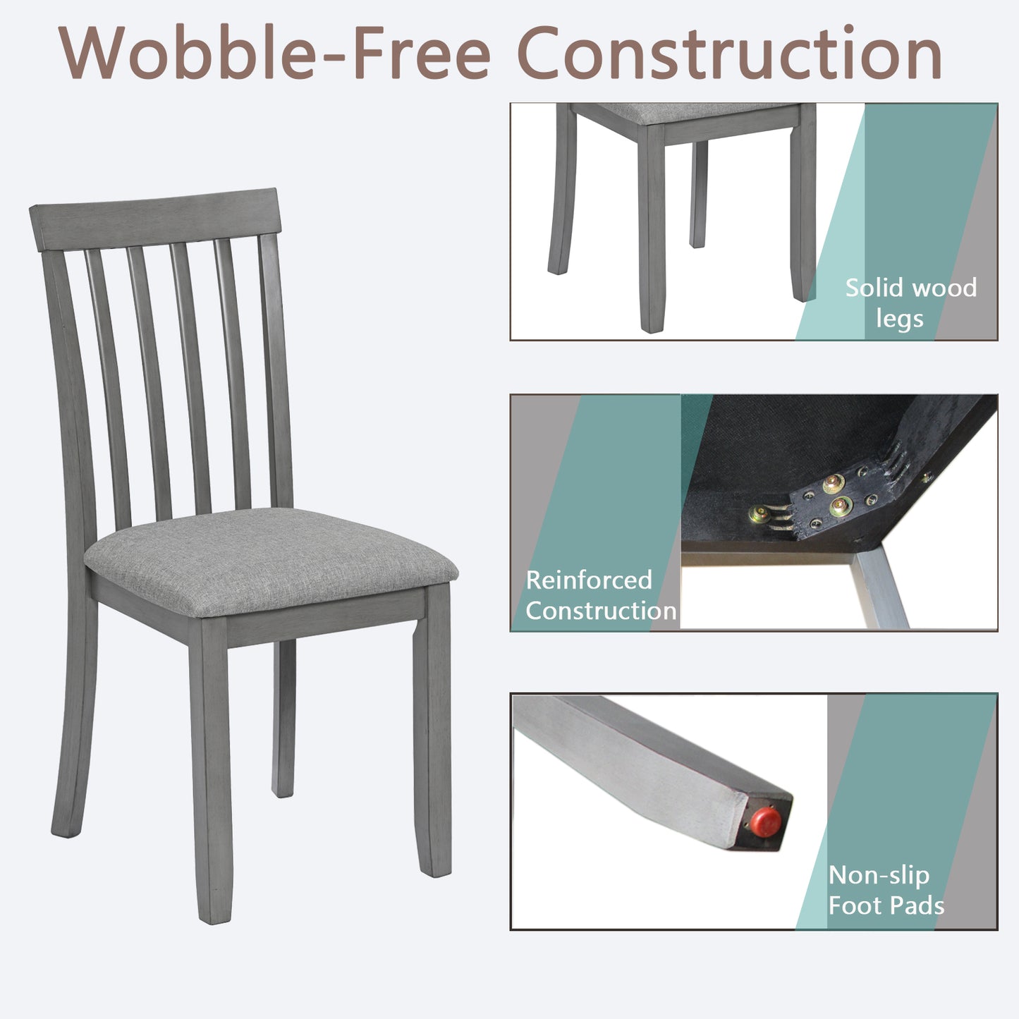 Gray wooden dining chair with upholstered seat and slatted back