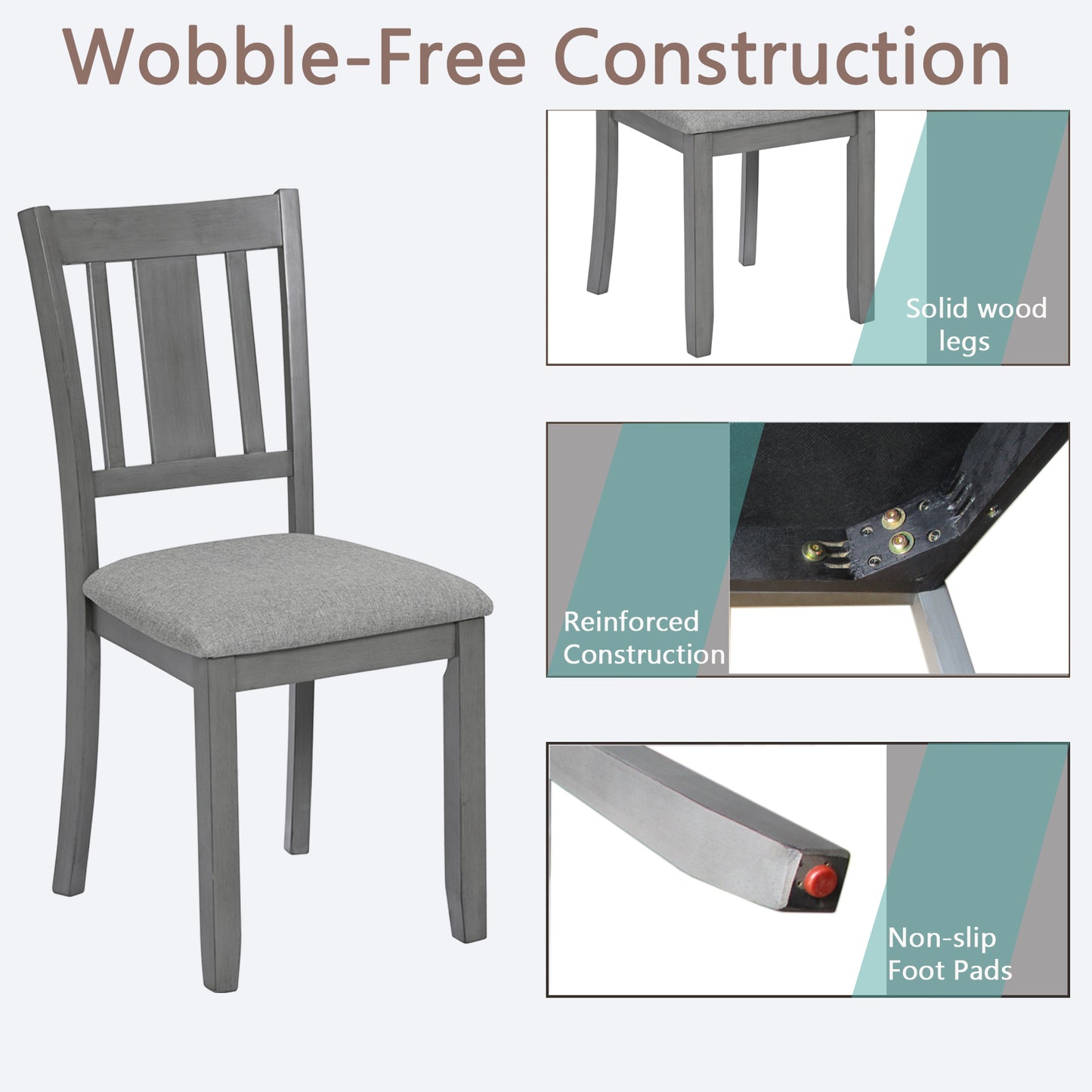 Gray wooden dining chair with upholstered seat