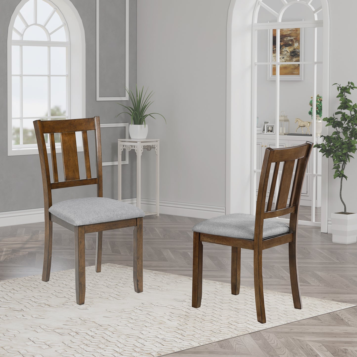 Wooden dining chair with light grey upholstered seat