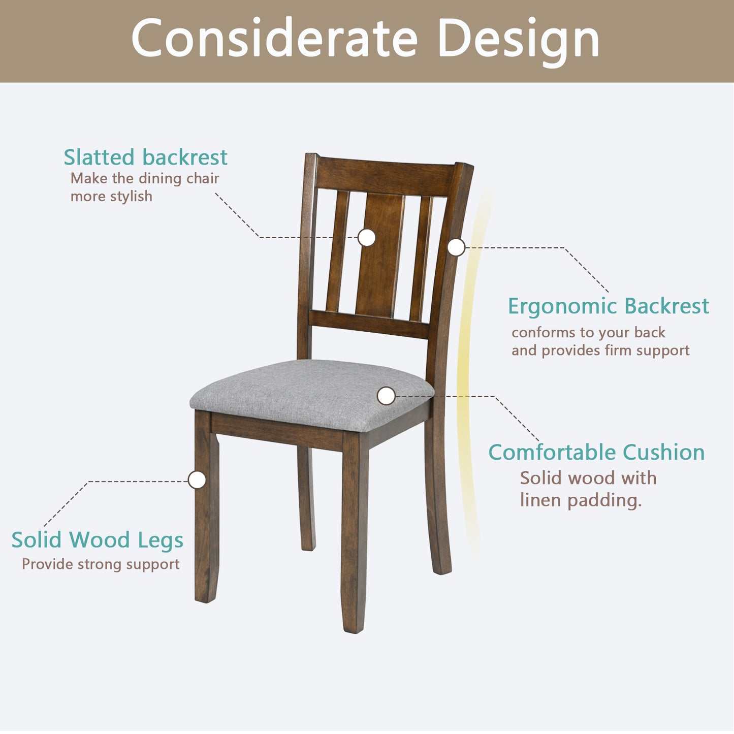 Wooden dining chair with grey upholstered seat and slatted backrest