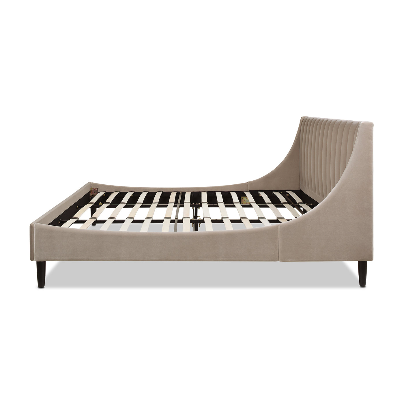 Taupe velvet upholstered modern bed frame with slatted platform