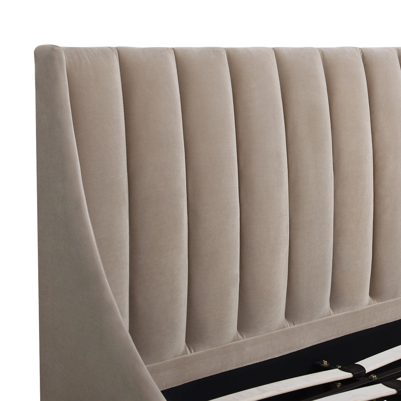 Champagne velvet upholstered headboard with vertical channel tufting