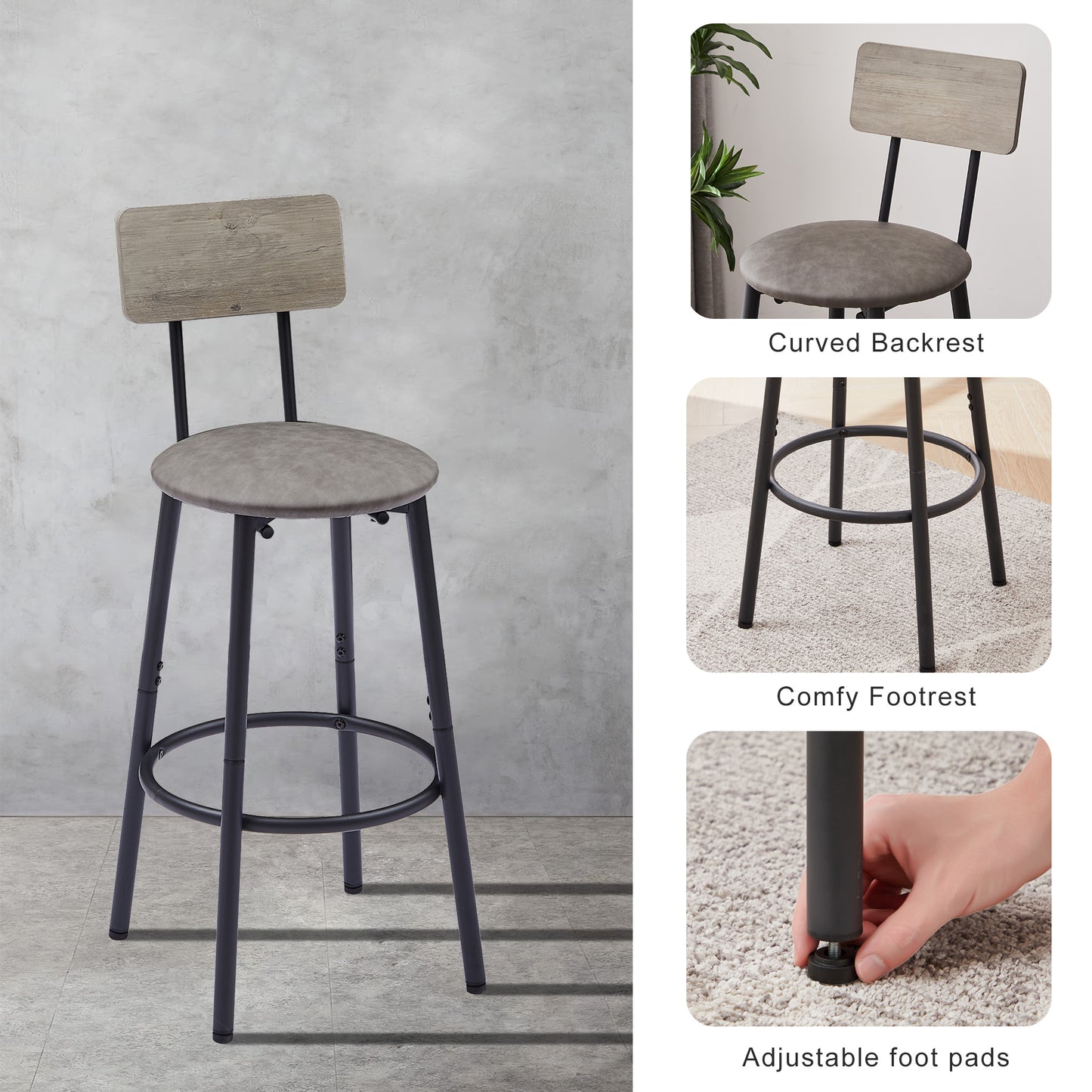Grey faux leather and wood industrial bar stool with footrest