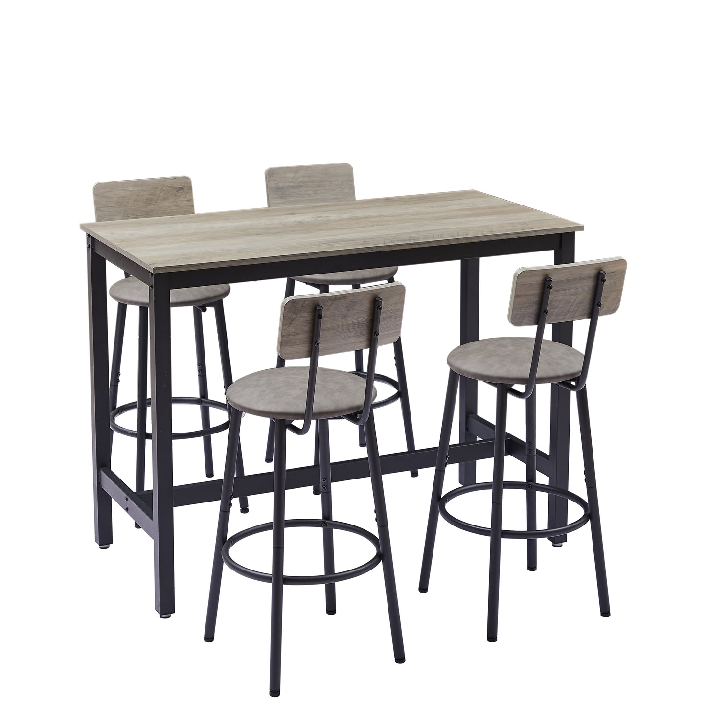 Rustic wood pub table with four grey upholstered stools for kitchen breakfast bar