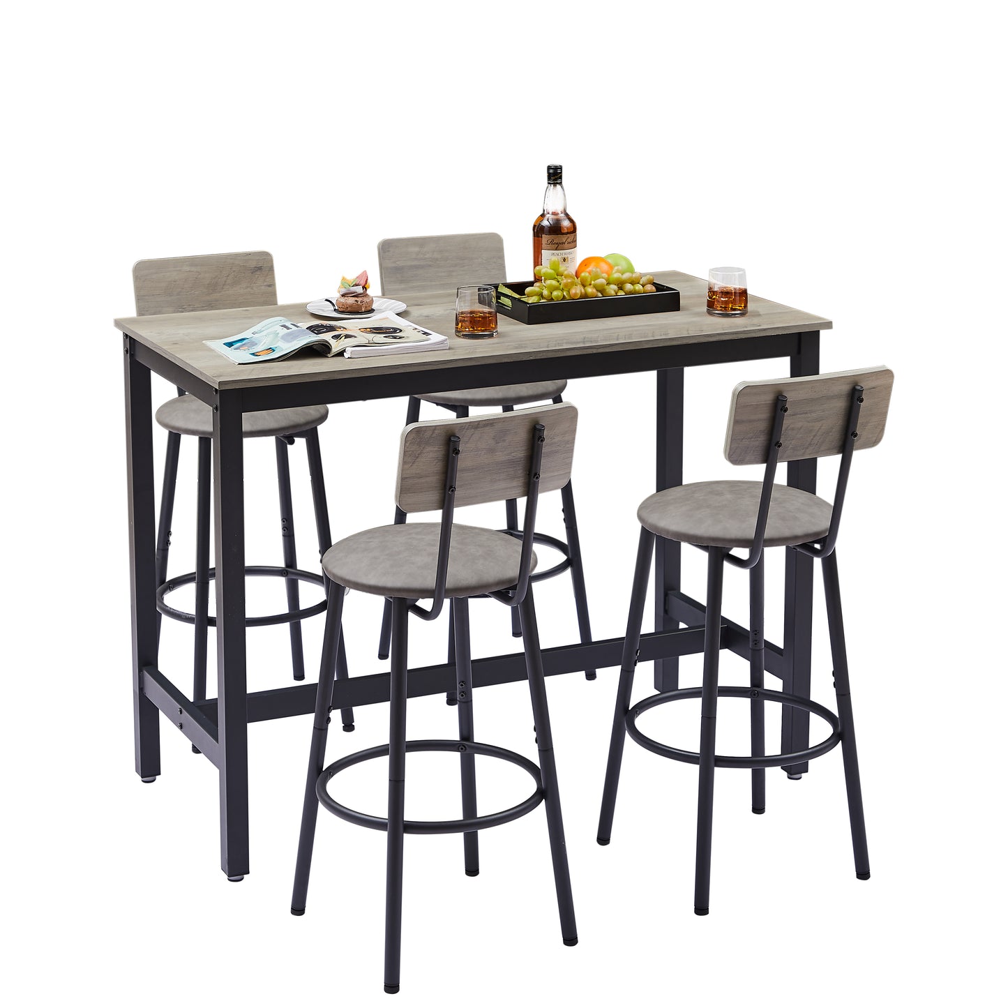 Rustic grey wood bar table and four stool set with black metal legs