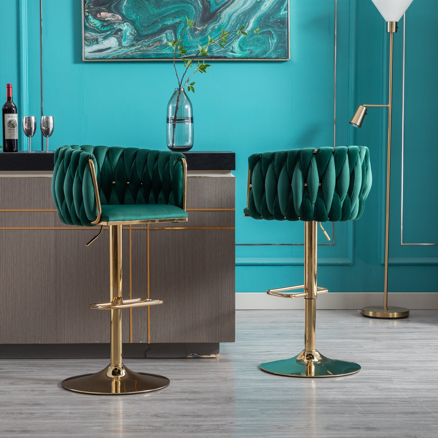 Emerald velvet bar stool with gold base and tufted back