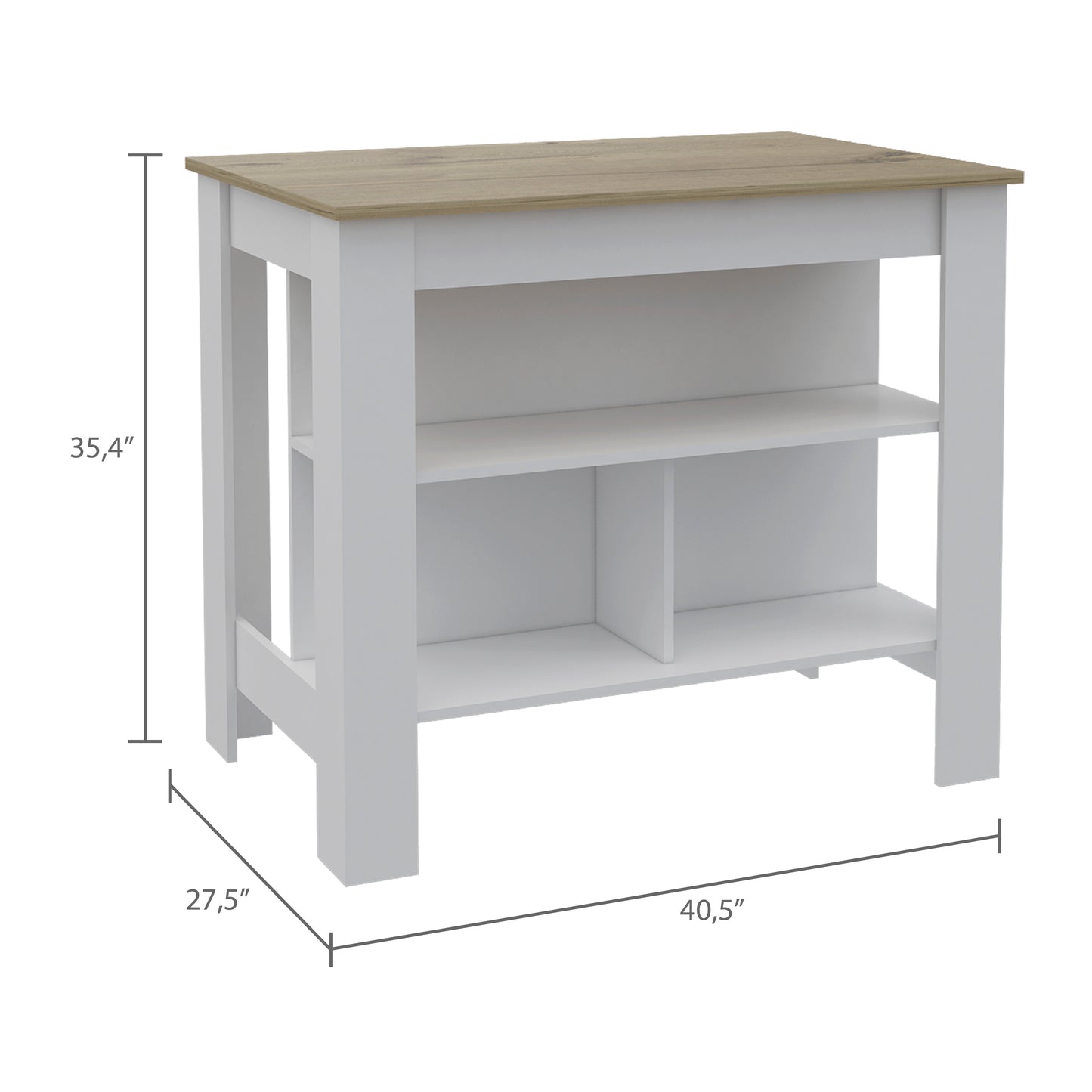White and wood kitchen island with open shelving