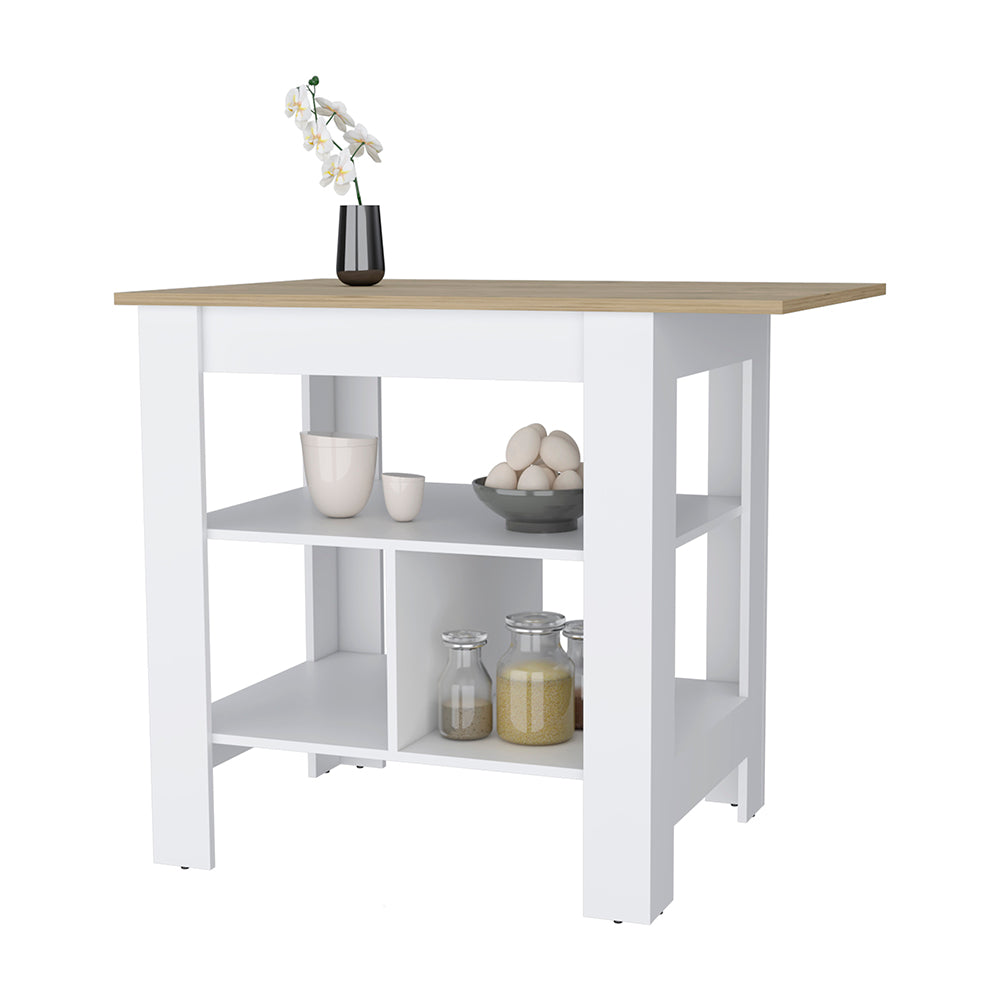 White and wood kitchen island with open shelving