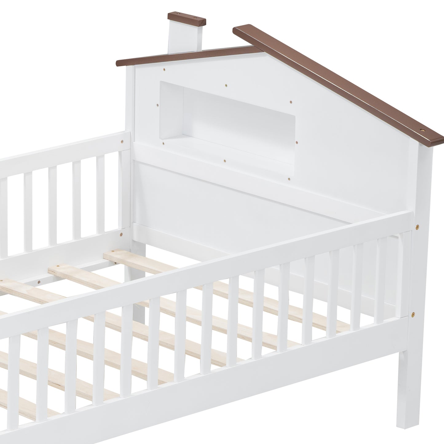 White wooden toddler bed with a houseshaped headboard and brown trim