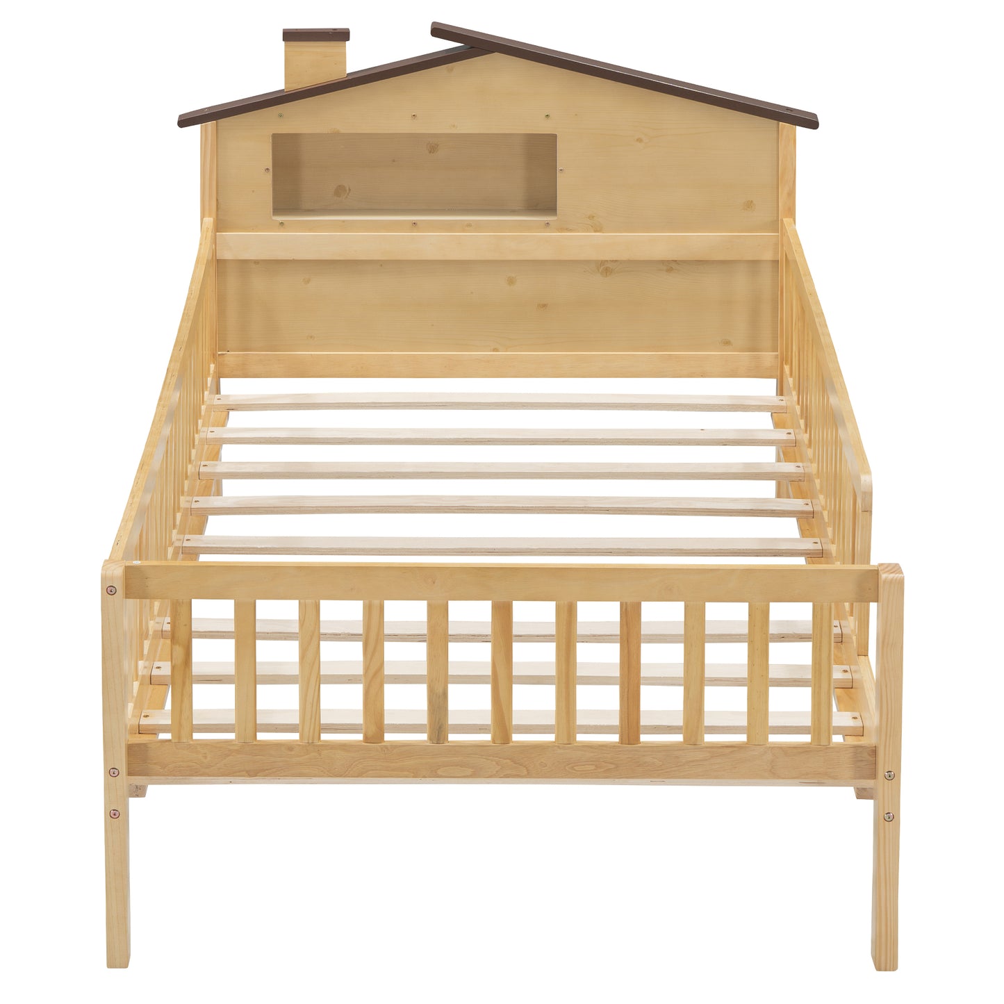 Light pine twin bed with a whimsical houseshaped headboard and protective rails