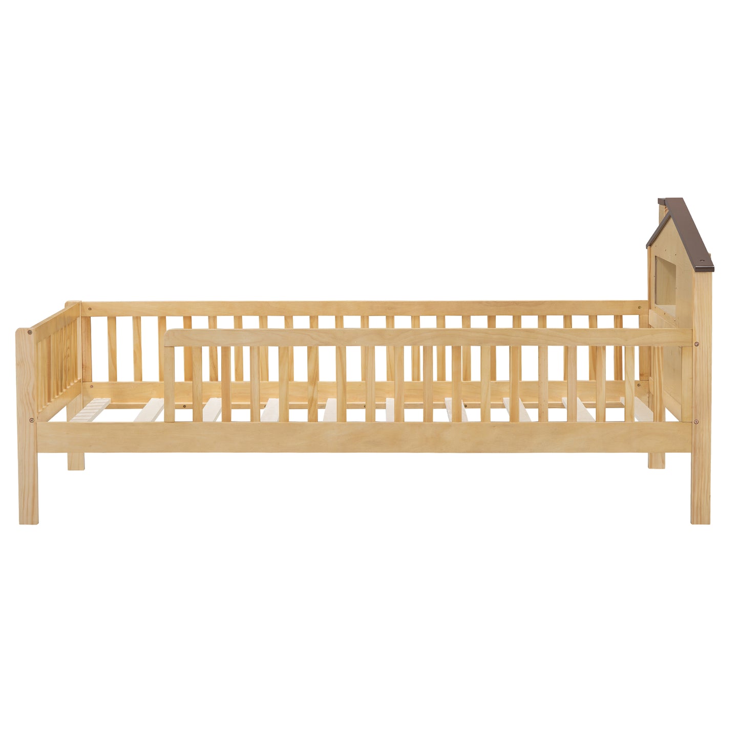 Natural wood toddler bed with safety rails and a charming houseshaped headboard