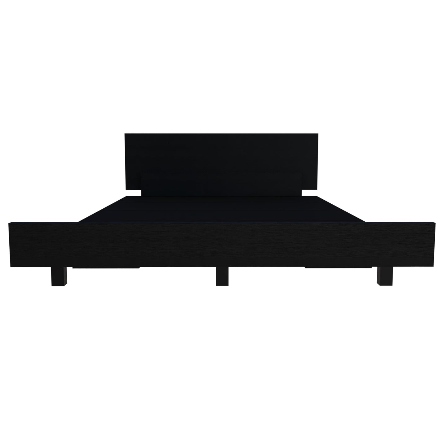 Minimalist black wooden platform bed frame with a square headboard