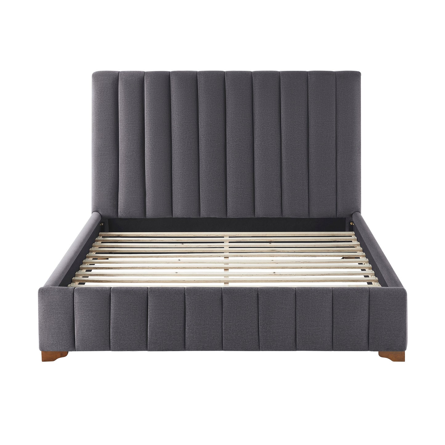 Dark grey upholstered platform bed frame with channel tufting and wooden slats