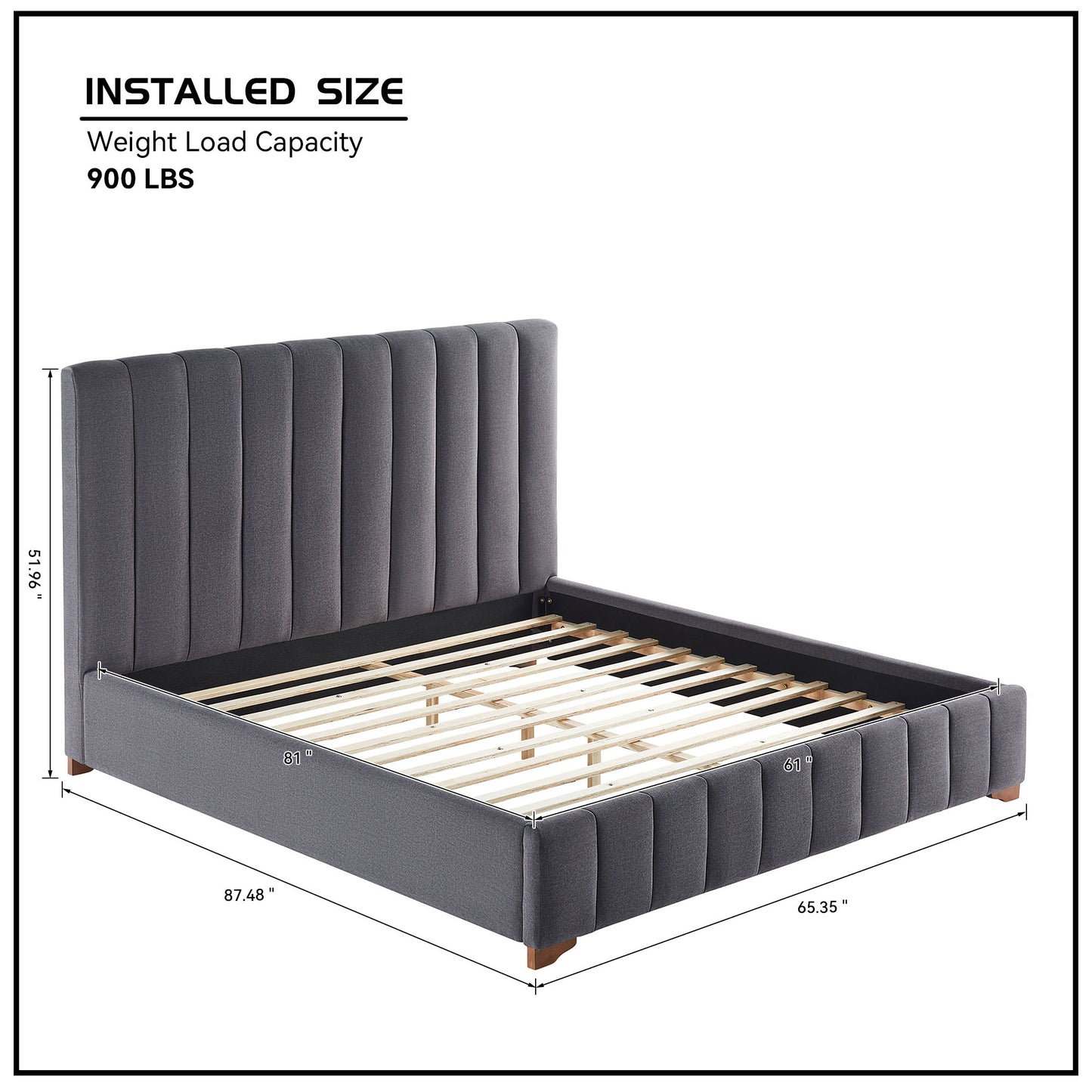 upholstered gray platform bed frame with vertical channel tufting