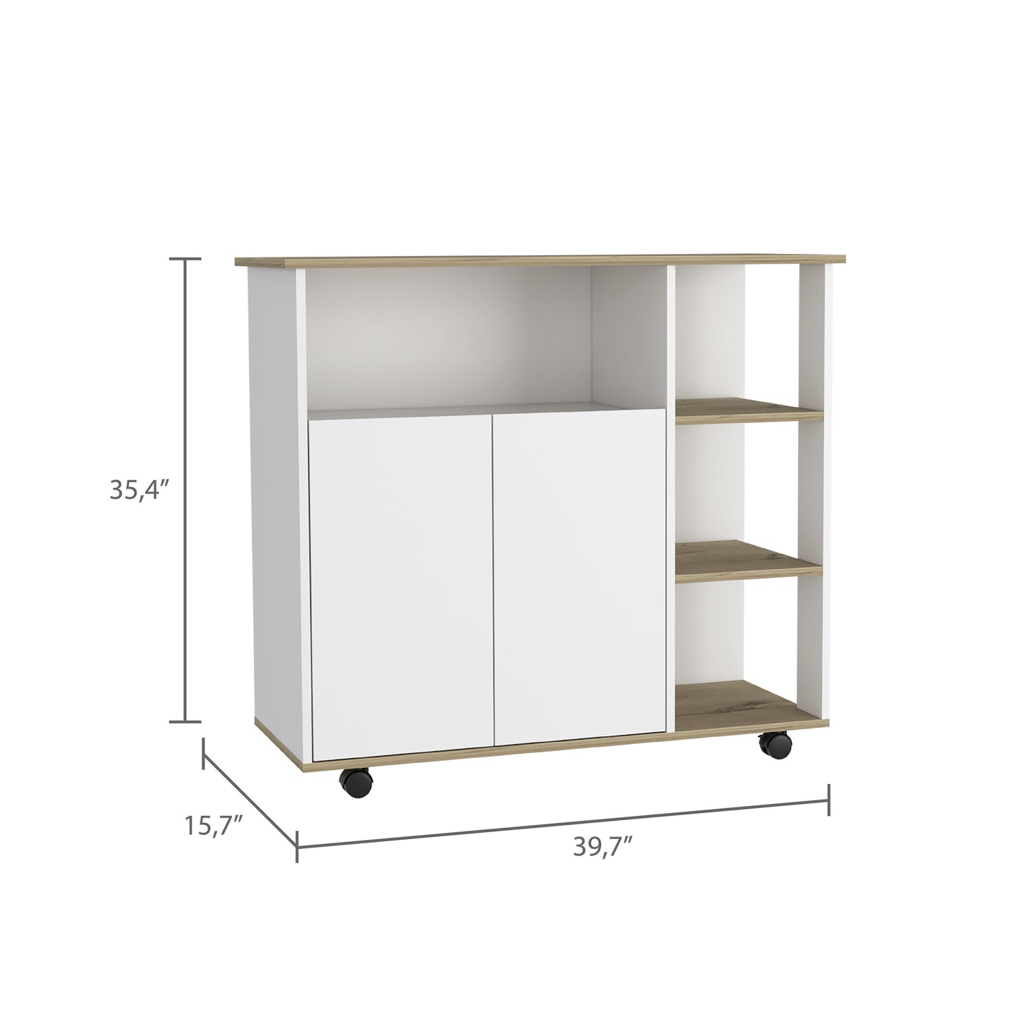 White and wood mobile storage cabinet with two doors and open shelving