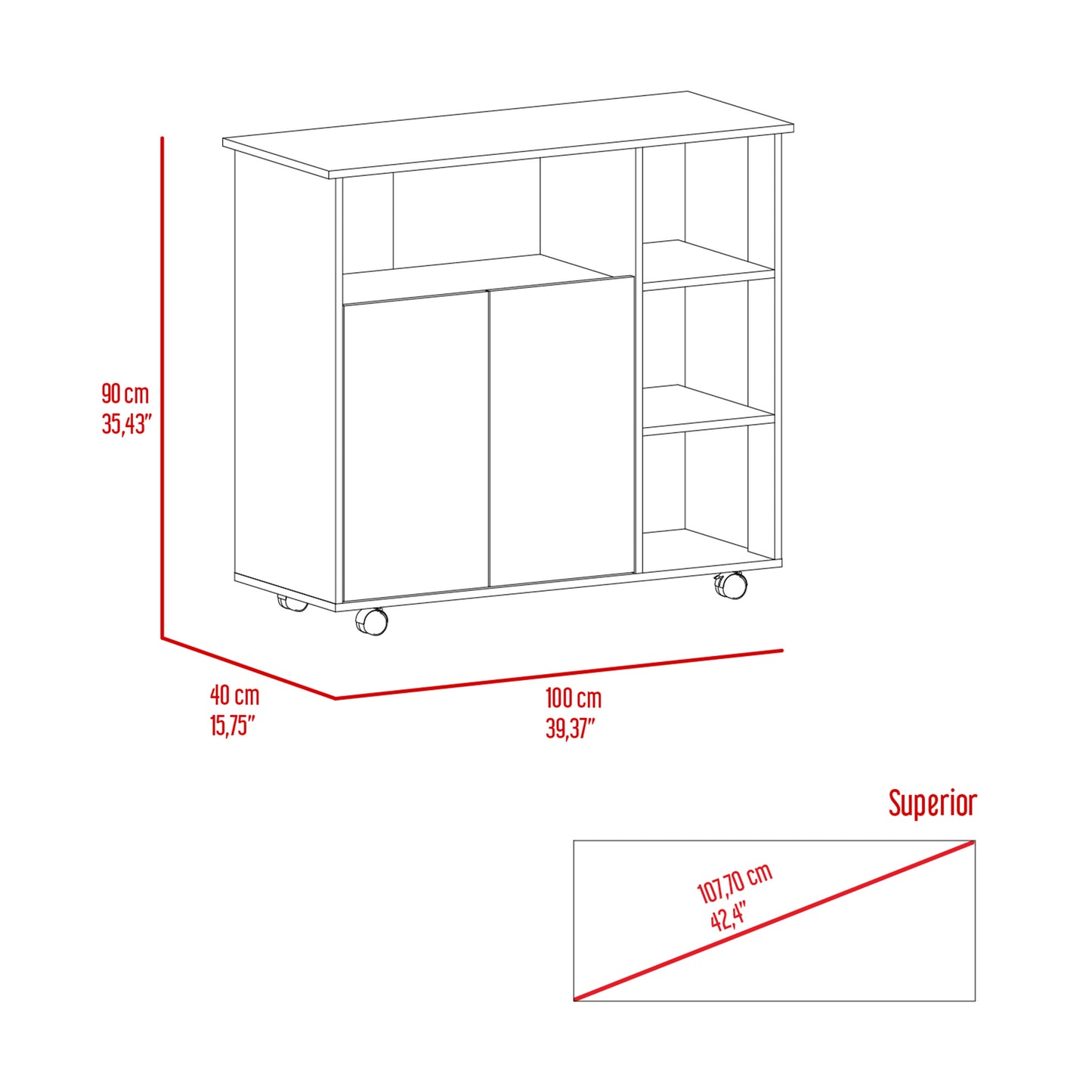 Illustration of a white mobile cabinet with sliding doors and open shelves