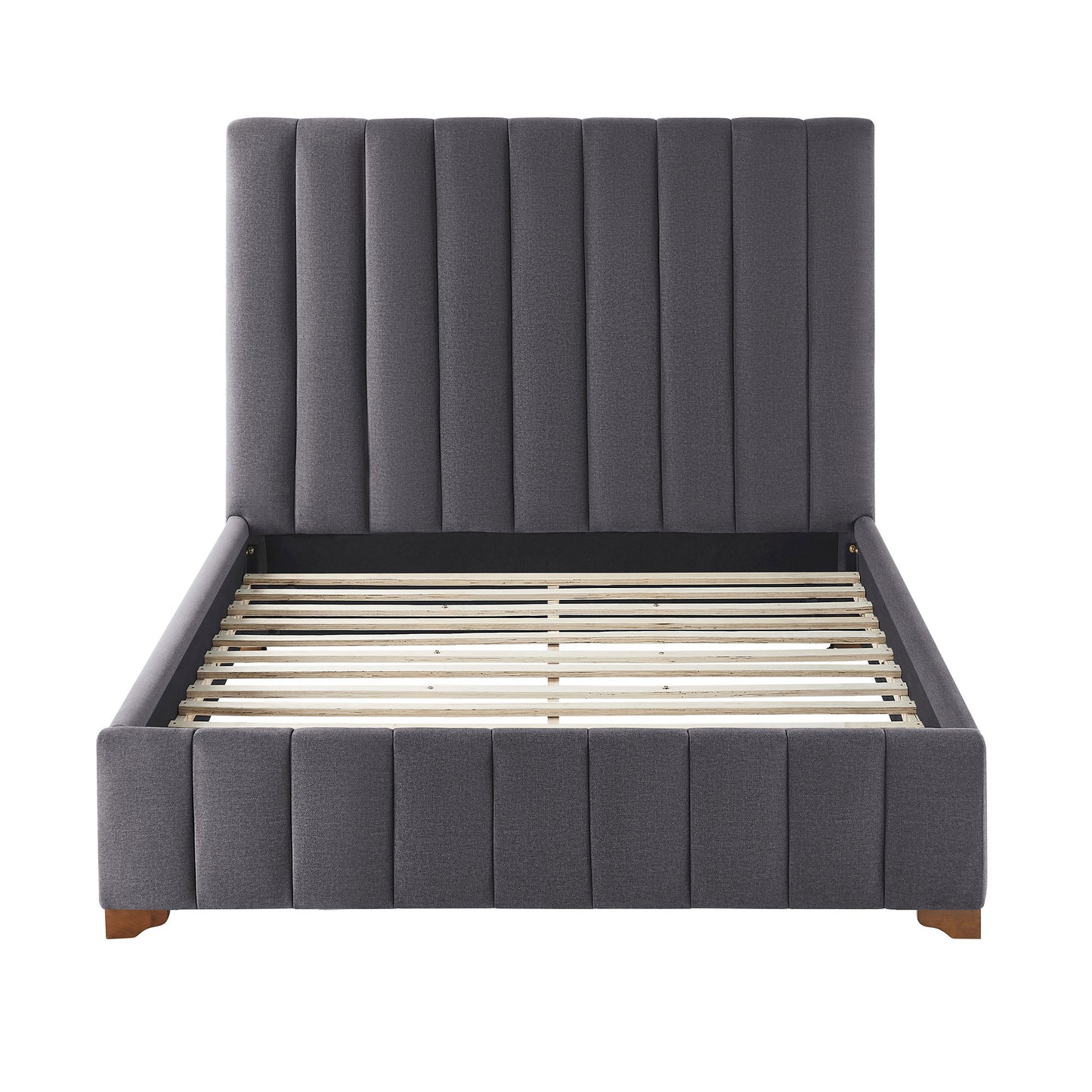 Dark grey upholstered platform bed frame with vertical channel tufting