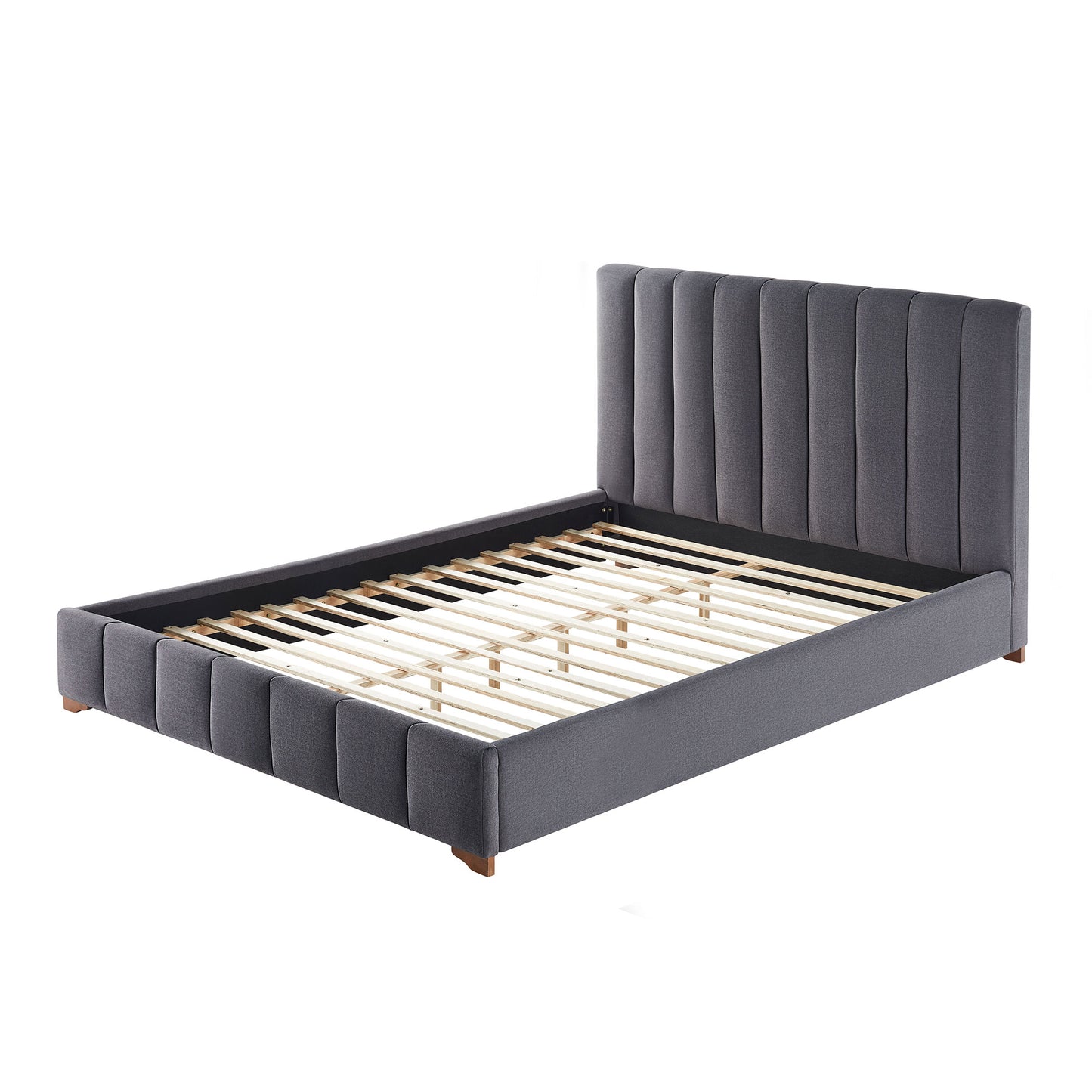 Dark grey upholstered bed frame with tufted headboard and wooden slats queen size