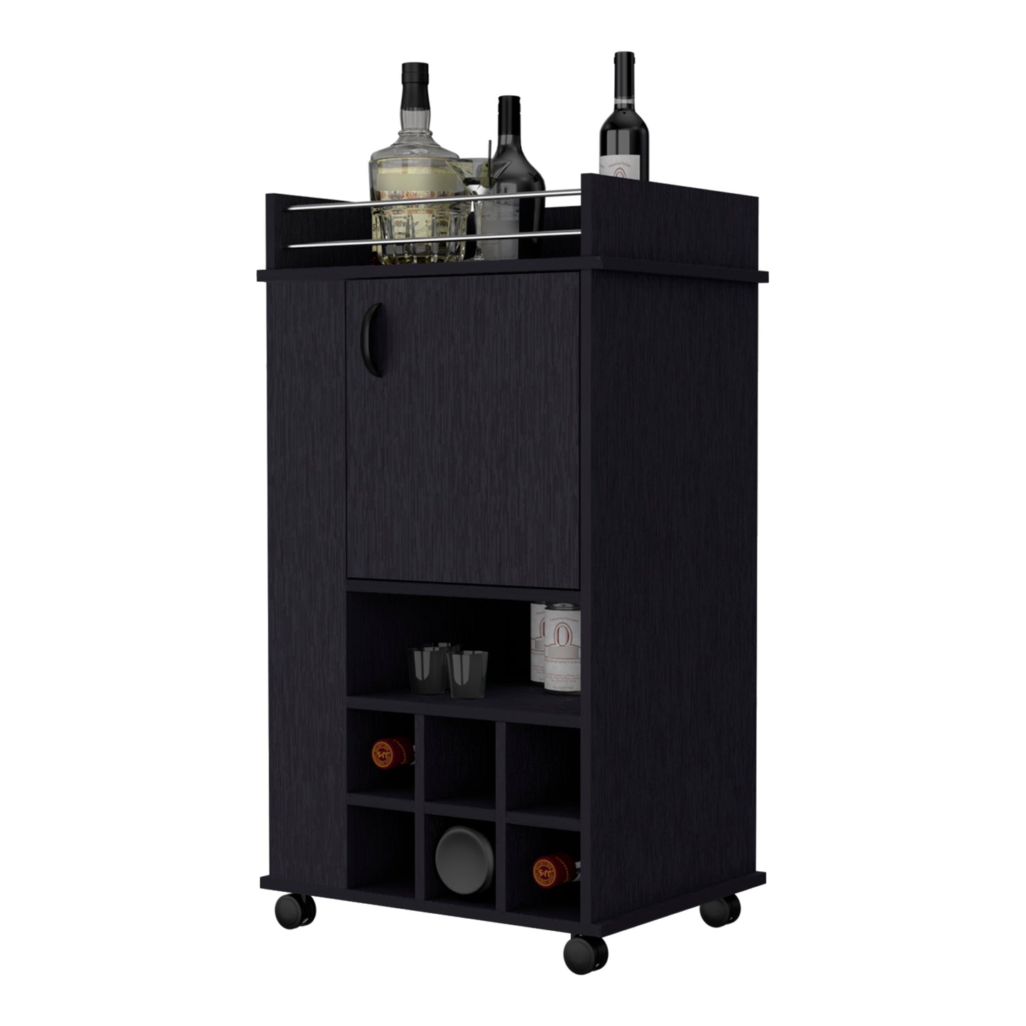 Dark wood bar cart with wheels and bottle storage