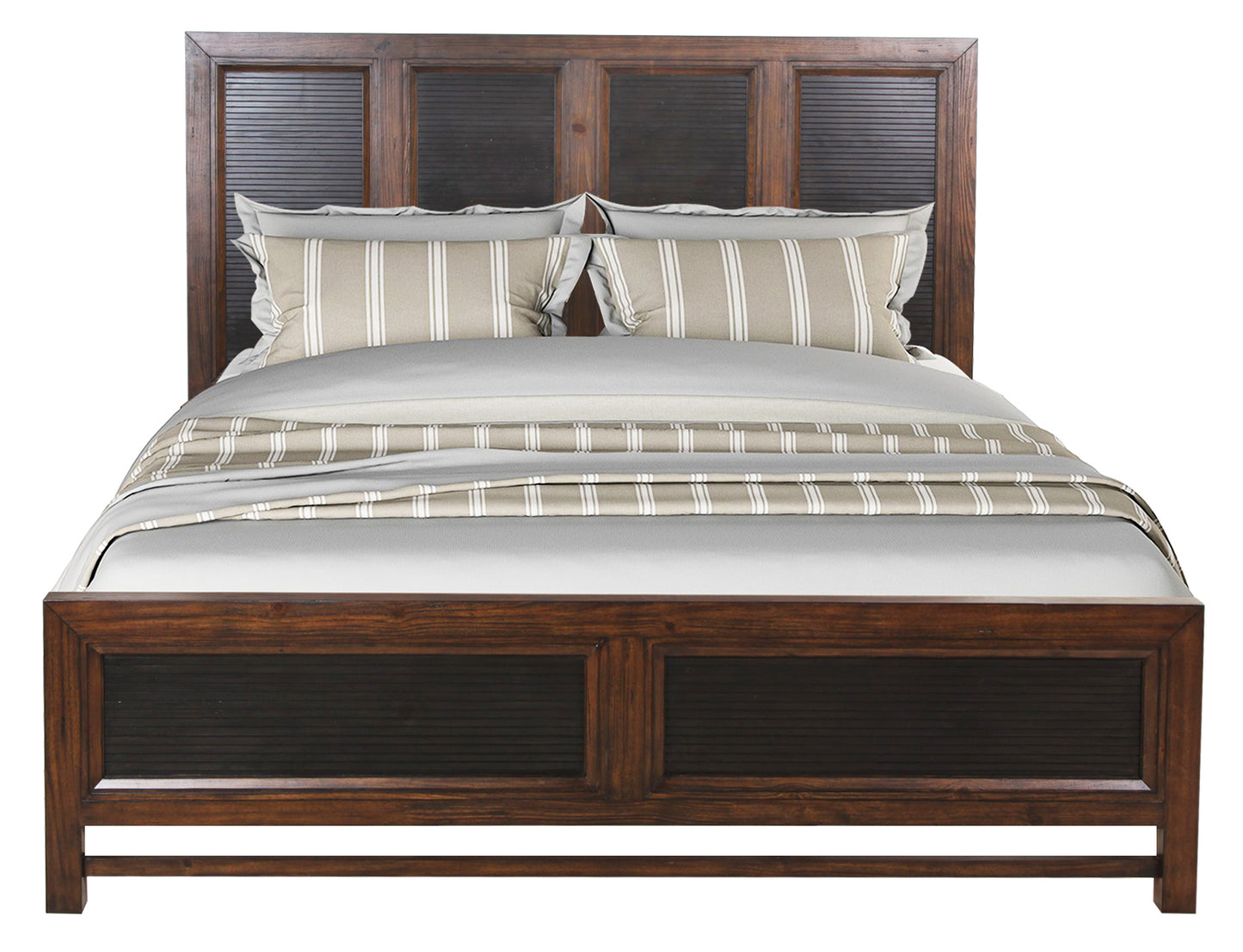 Rustic wooden bed frame with slatted headboard and striped accent pillows for a cozy bedroom