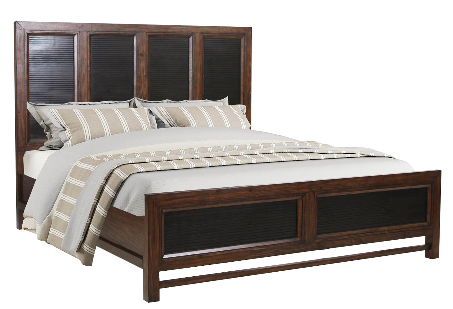 Dark wood platform bed with louvered panels and striped bedding