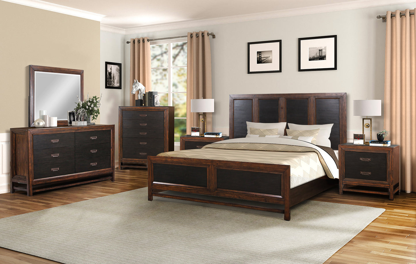 Dark wood king size bed frame with slatted headboard and matching nightstand