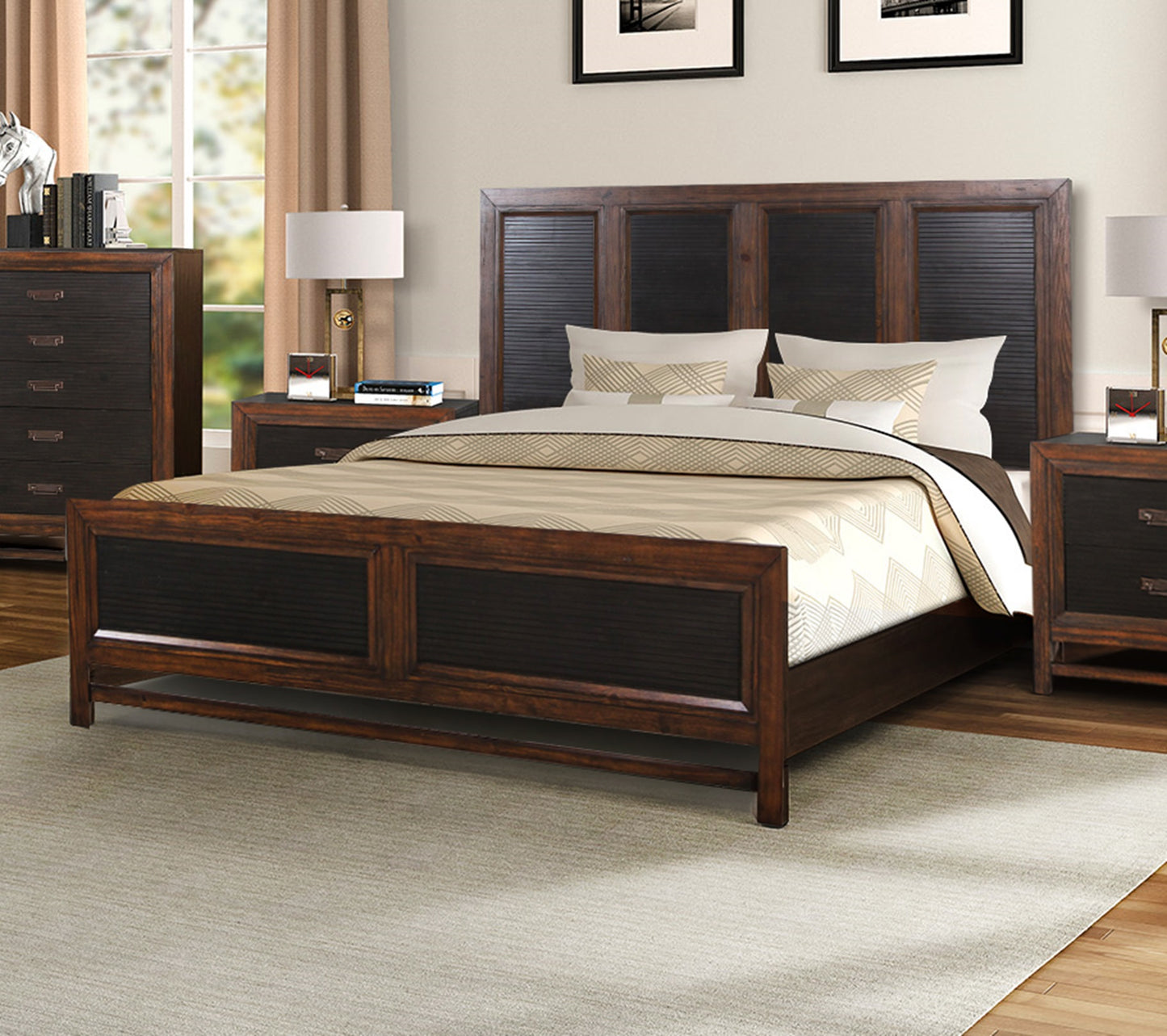 Dark wood king size bed with slatted headboard and matching nightstands in a bedroom setting