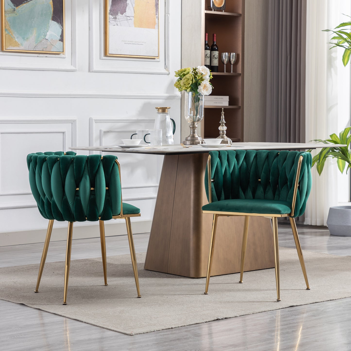 Emerald velvet dining chair with gold metal legs and quilted detail