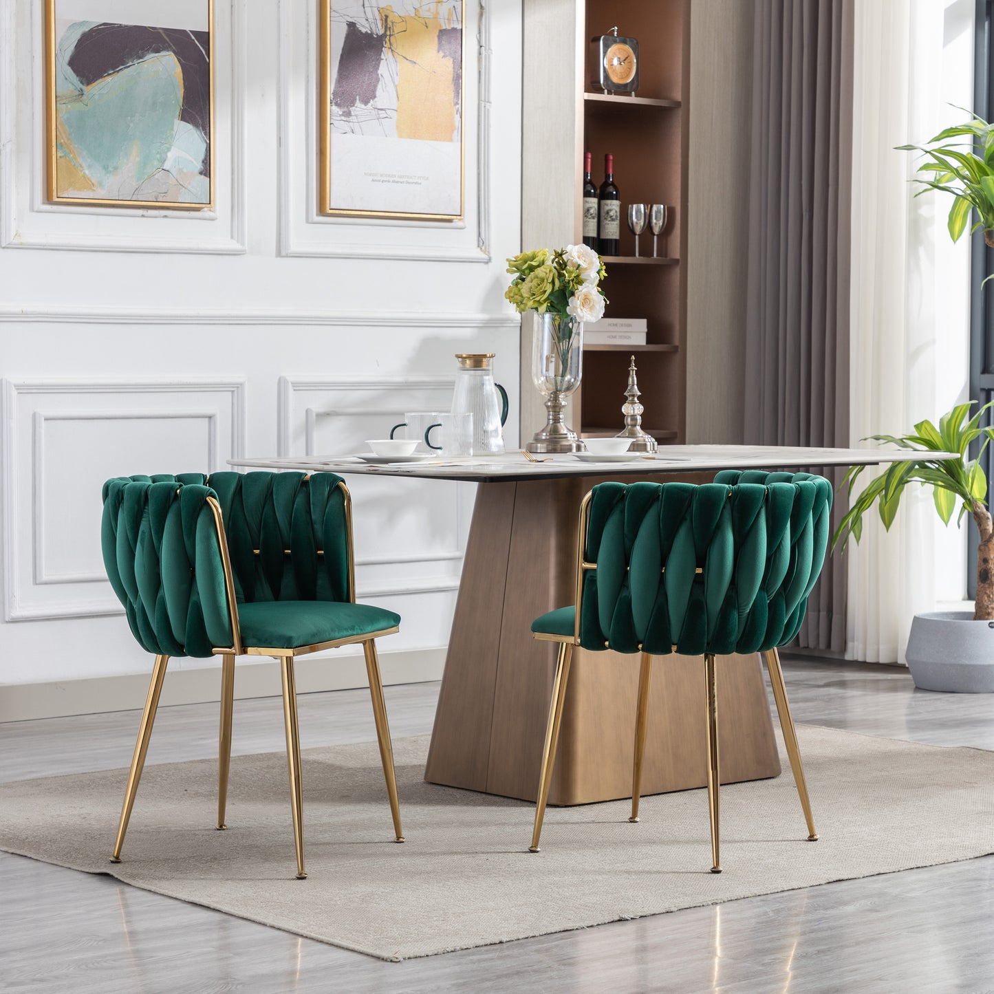 Emerald green velvet accent chair with channel tufting and gold legs