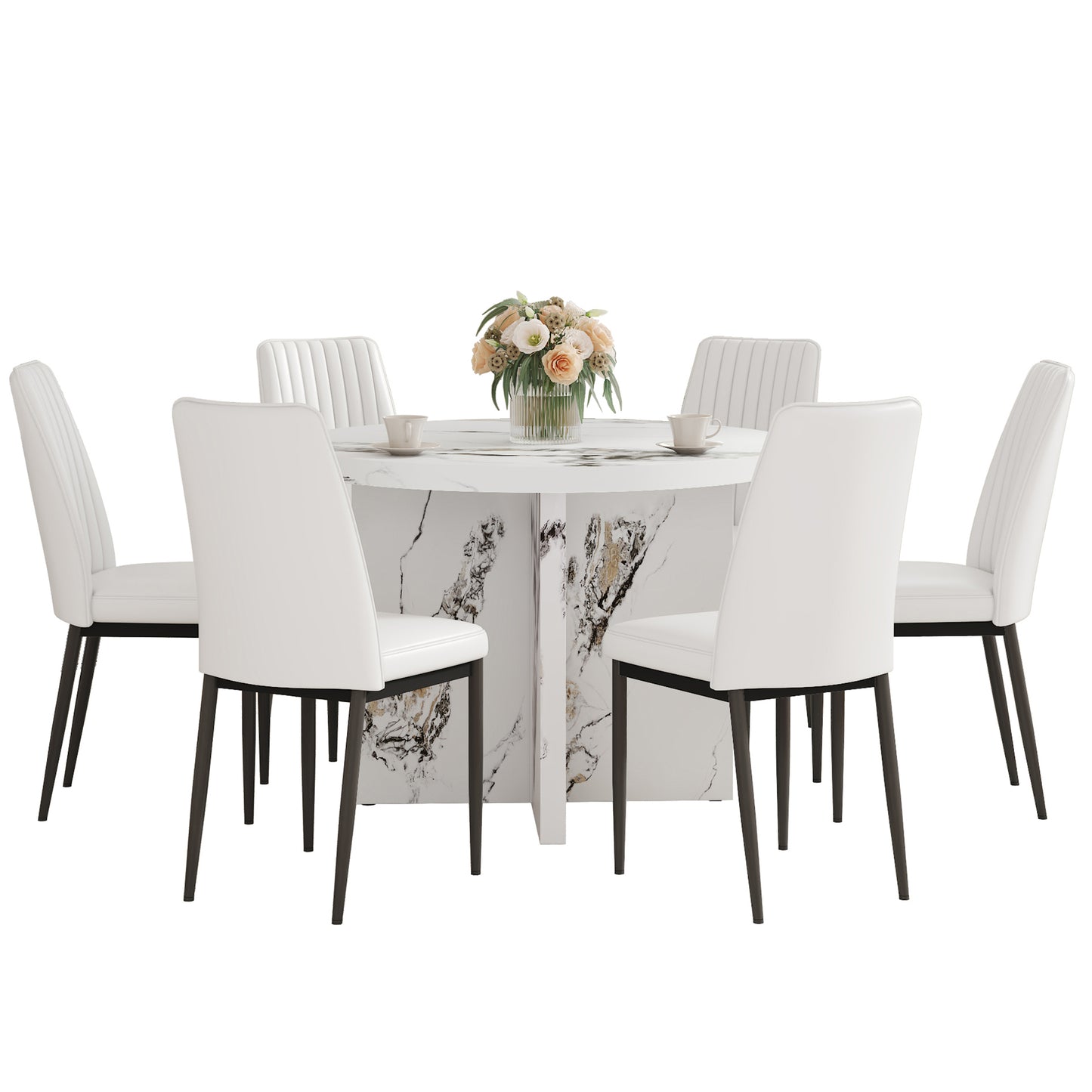 White upholstered dining chairs surround a white marble pedestal dining table with floral centerpiece