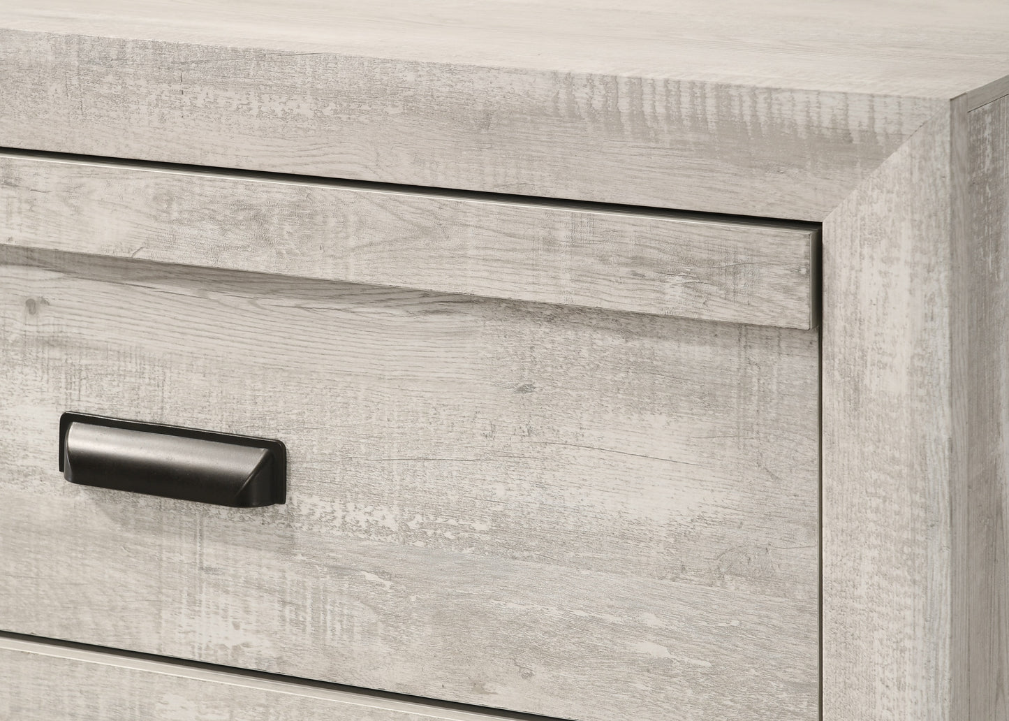 Weathered grey wood grain dresser with black metal drawer pull Modern farmhouse style
