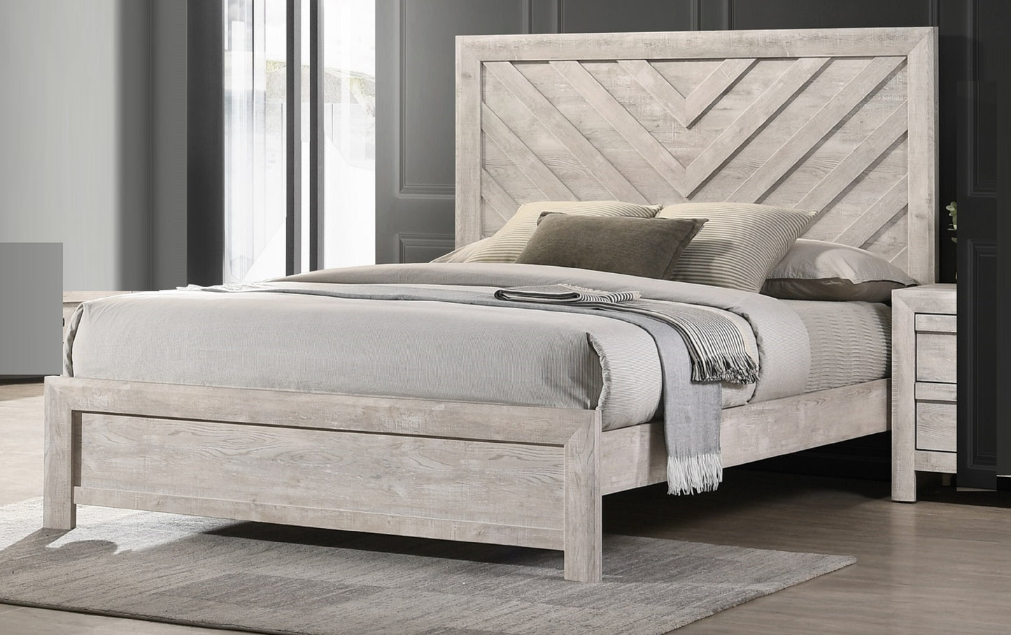 Distressed white wood queen bed frame with chevron headboard design