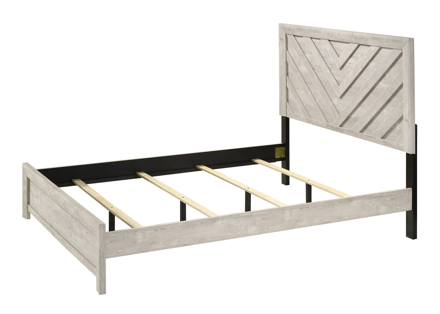 Rustic white wood twin bed frame with chevron headboard and black metal legs