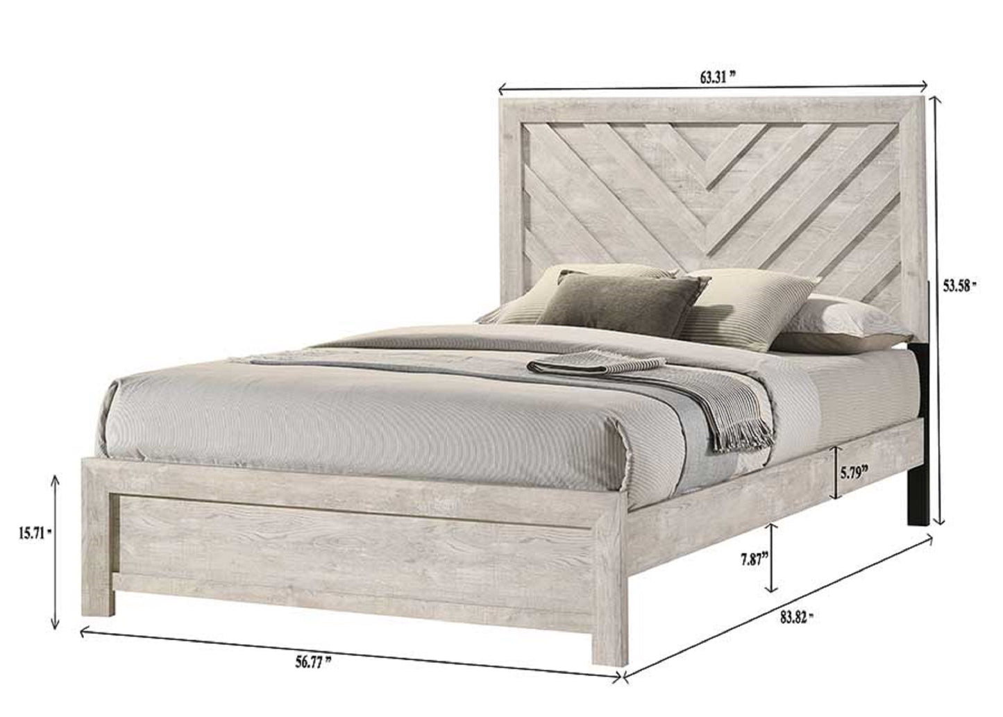 Rustic whitewashed wood twin bed with chevron headboard and textured bedding