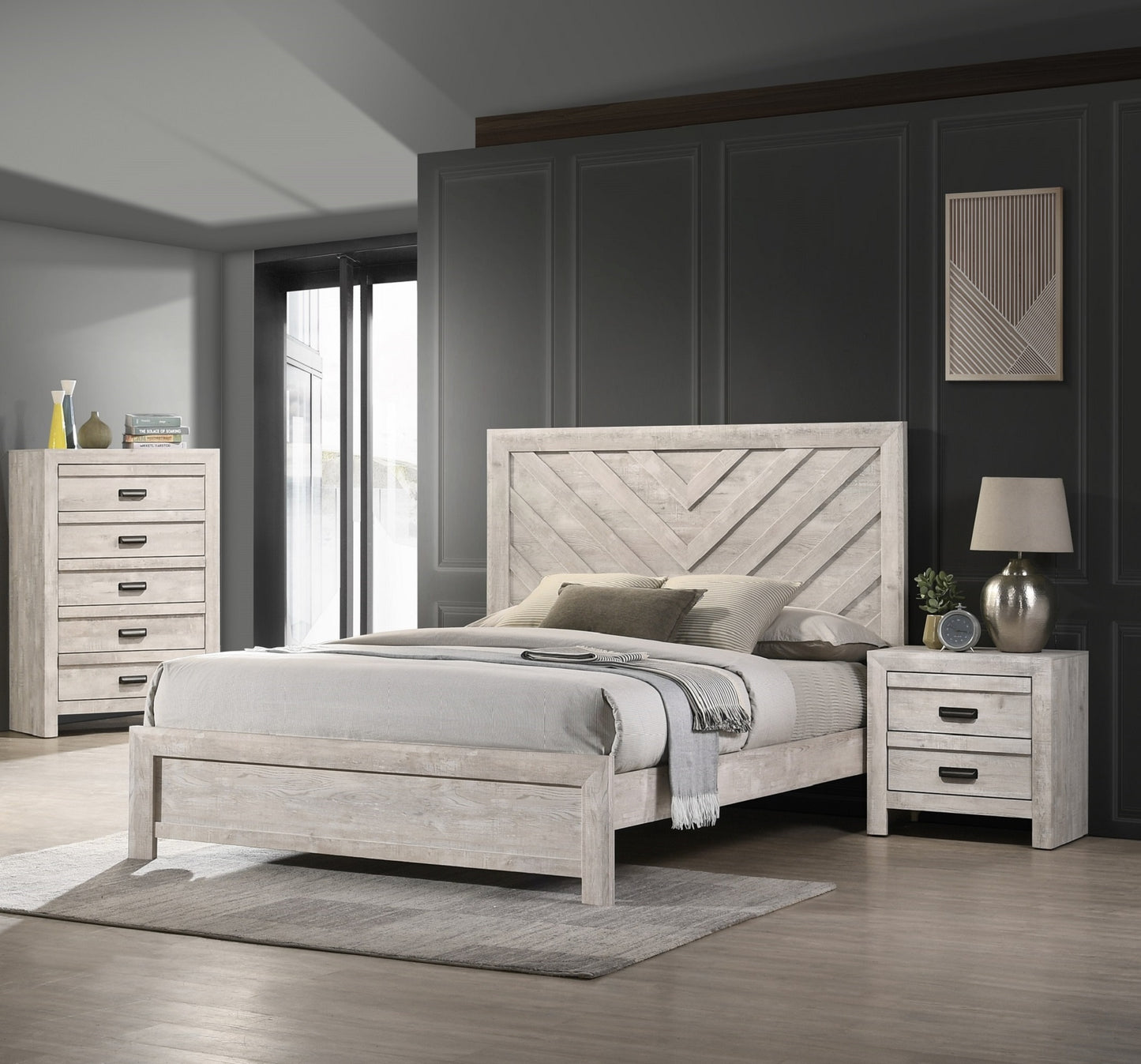 Rustic white wood king bed frame with chevron headboard detail