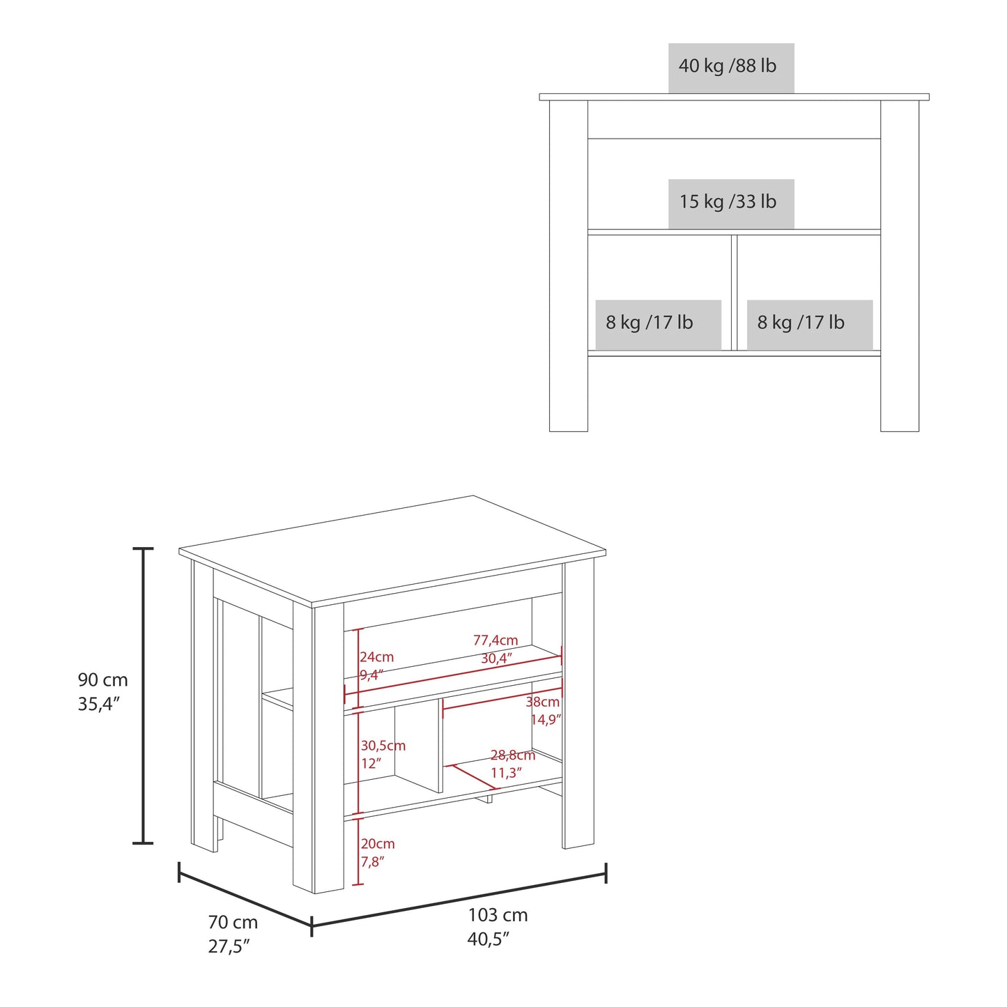 Line drawing of a white kitchen island cart with dimensions labeled in cm and inches
