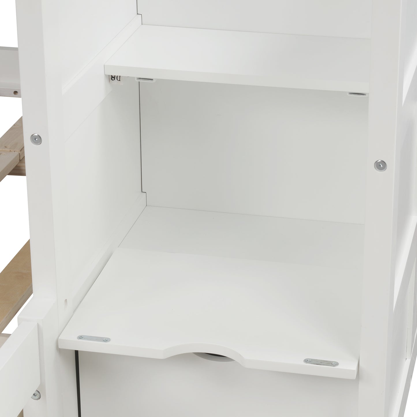 White wooden shelf unit with visible screws ideal for storage
