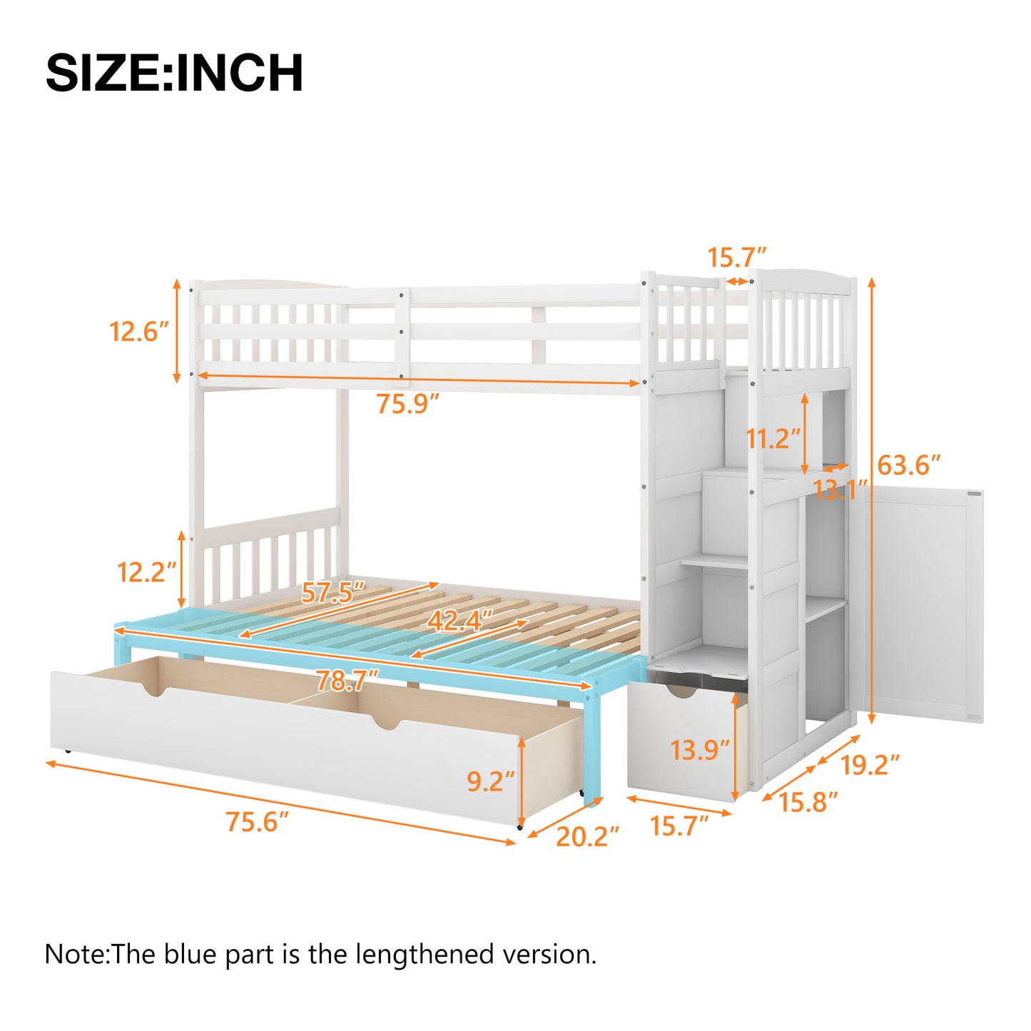 White wooden bunk bed with staircase storage measuring L x W
